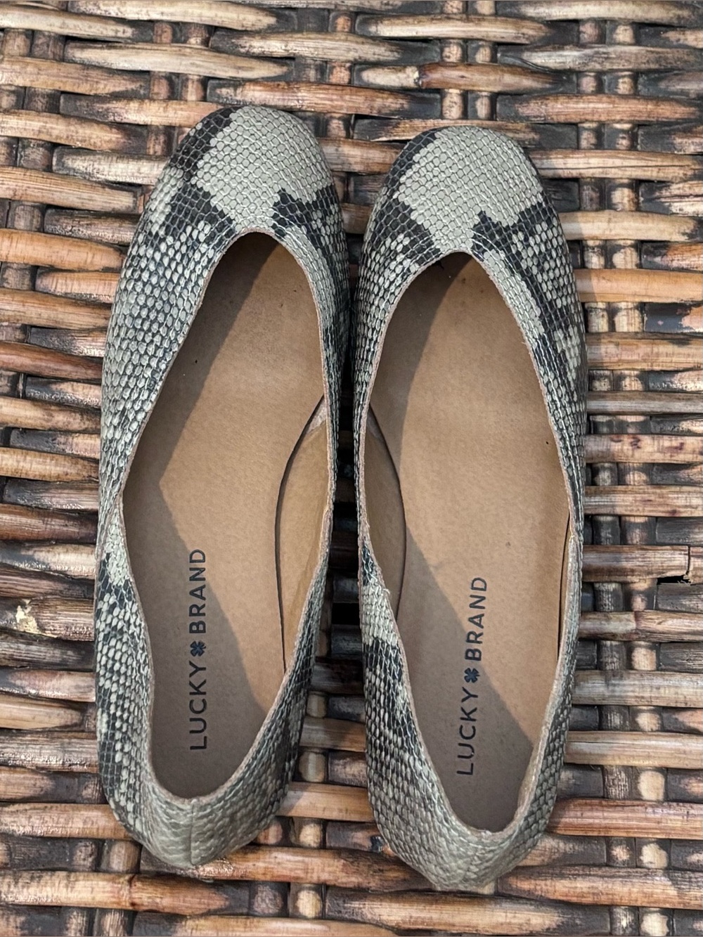 Lucky Brand Emmie Women's Snake-Print Ballet Flats in Gray and Black in size 7